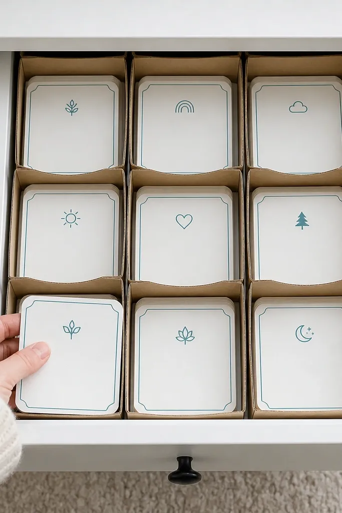 A desk drawer with a compartment holding calm prompt cards and small photos