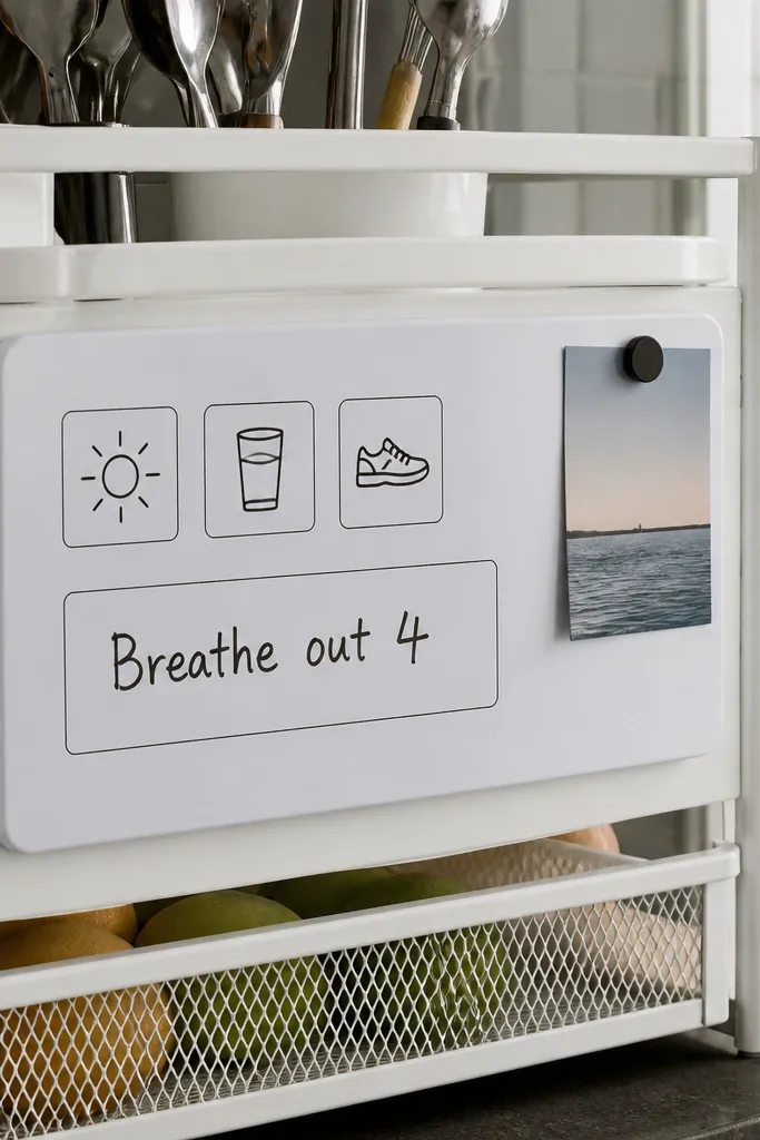 A small magnetic dry-erase board with calm icons and a daily check square