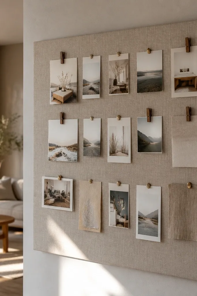 A fabric-covered pinning panel on a wall with photos clipped neatly
