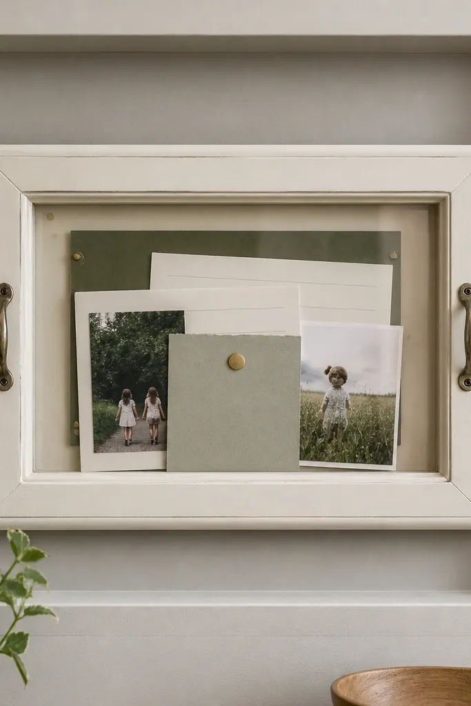 A small repurposed drawer front panel with layered vision cards
