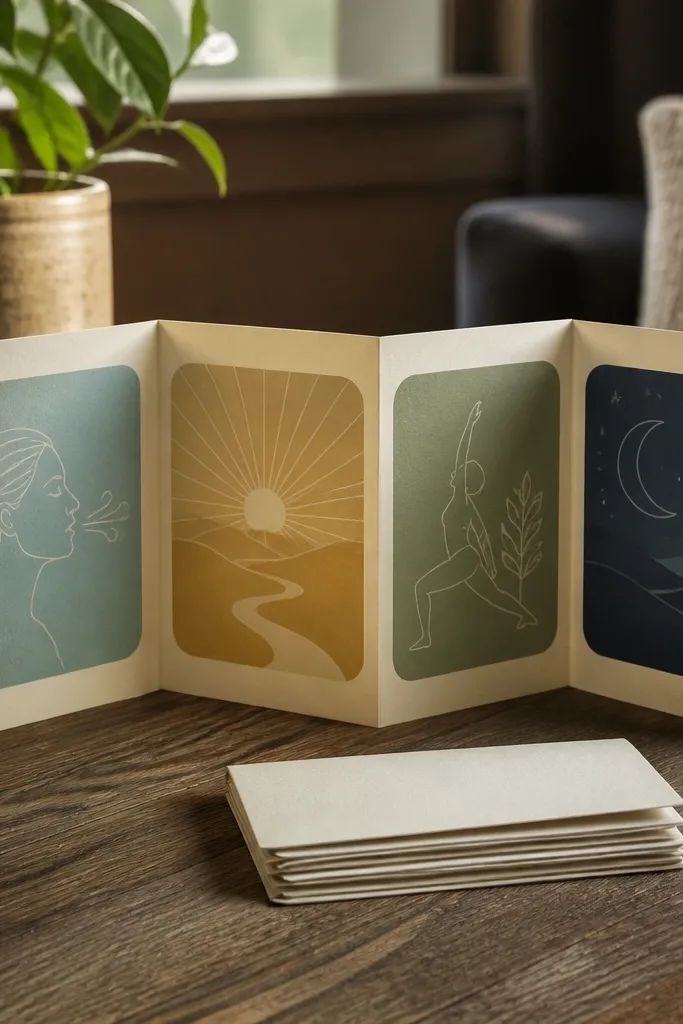 A folded accordion vision board with calm photos and labels inside