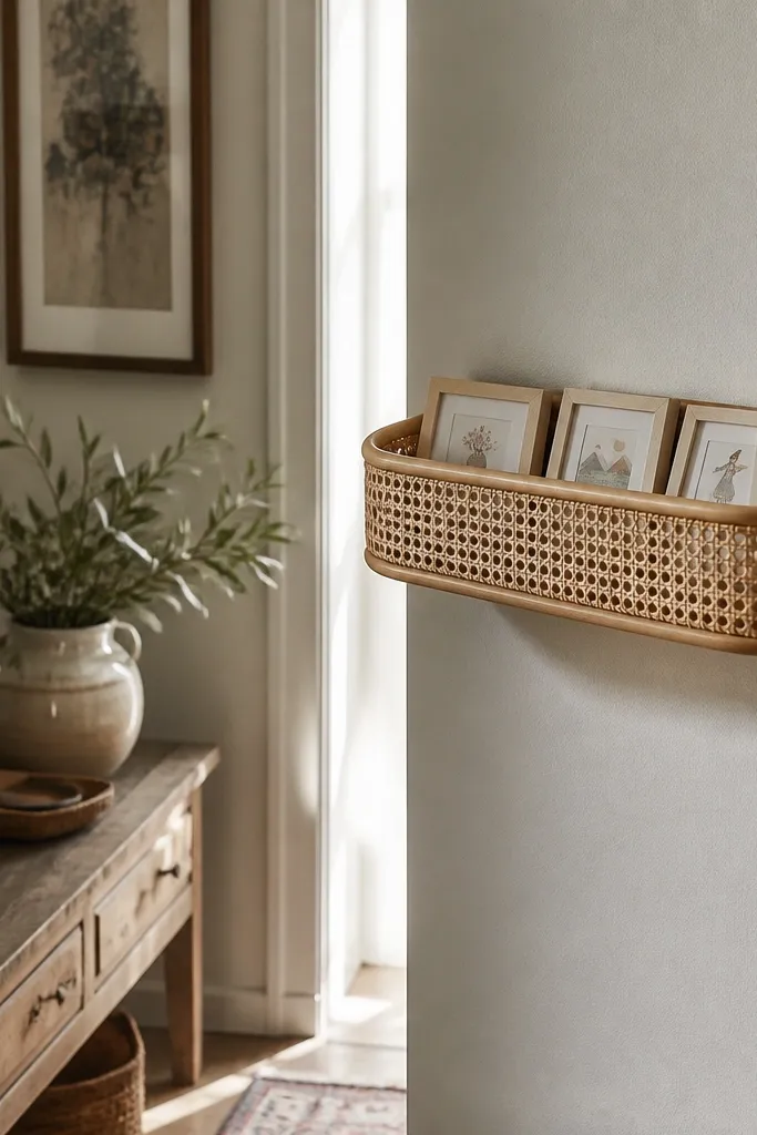 A small wall-mounted rattan tray holding neatly arranged calm cards