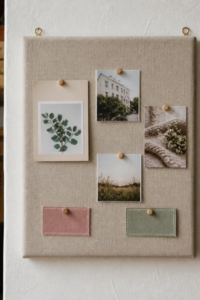 A linen-covered pinboard with mini pegs holding calm cards and fabric labels