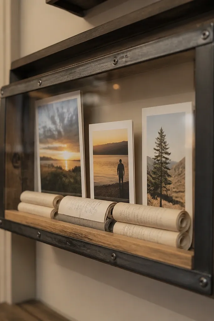 An upcycled frame with rolled paper quotes behind glass and calm notes