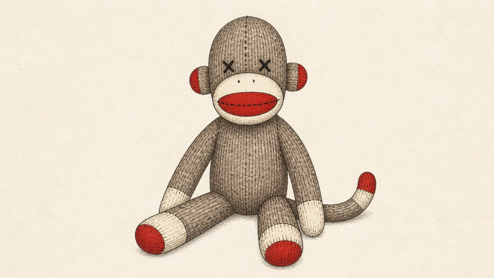 A classic sock monkey sitting with a red mouth and stitched details