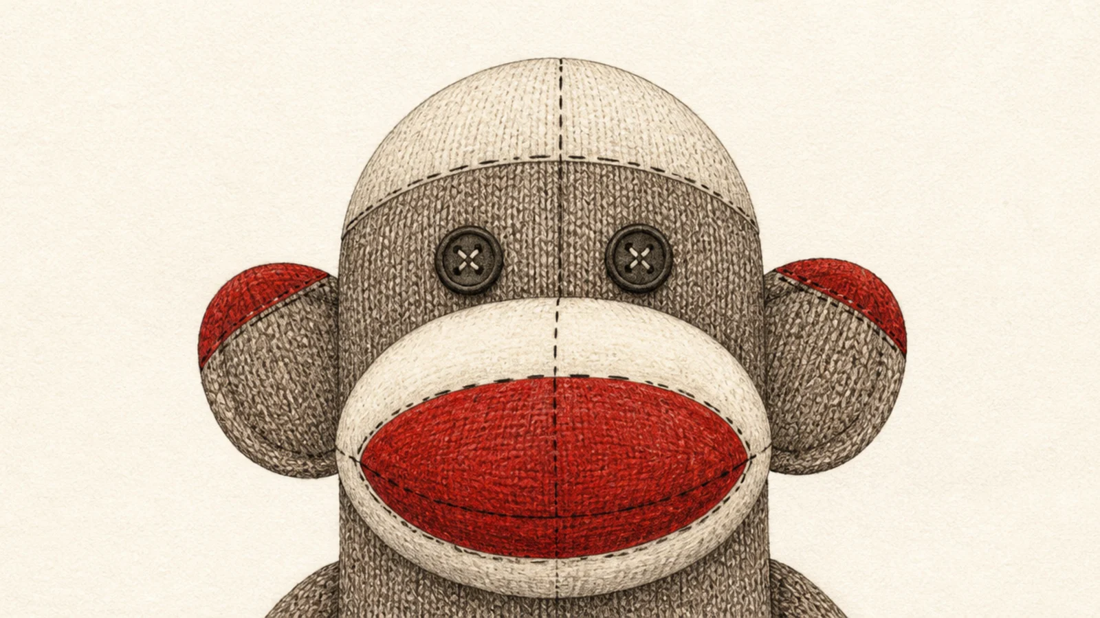 A close-up sock monkey face with a red mouth and button eyes