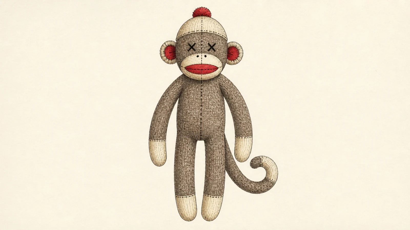 A sock monkey standing upright with long knit limbs