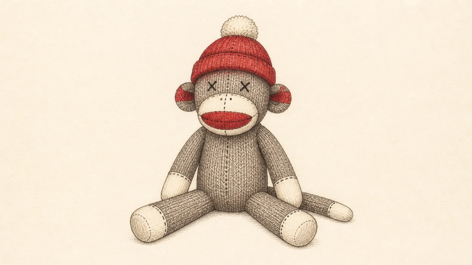 A sock monkey wearing a little red pom-pom cap