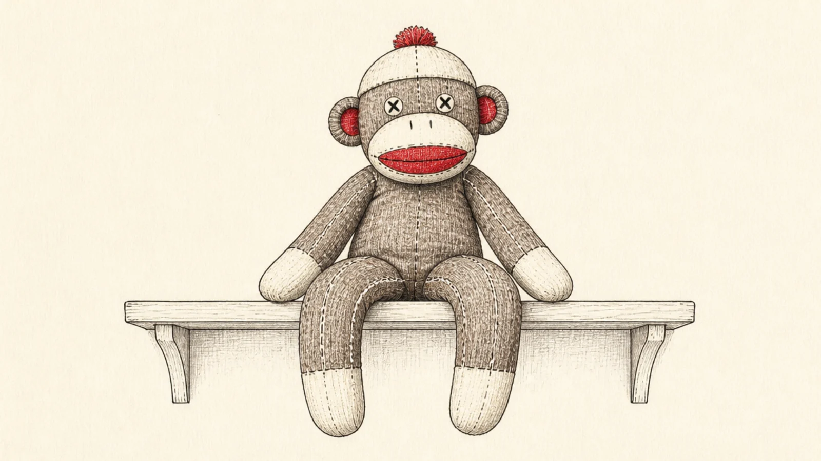 A sock monkey slumped cozily on a shelf edge