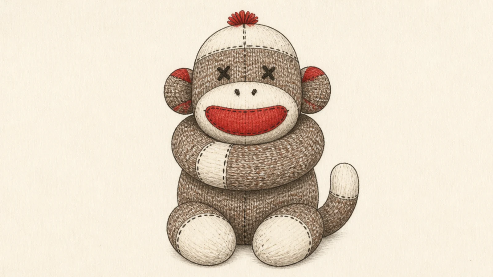 A sock monkey being hugged, arms wrapped forward