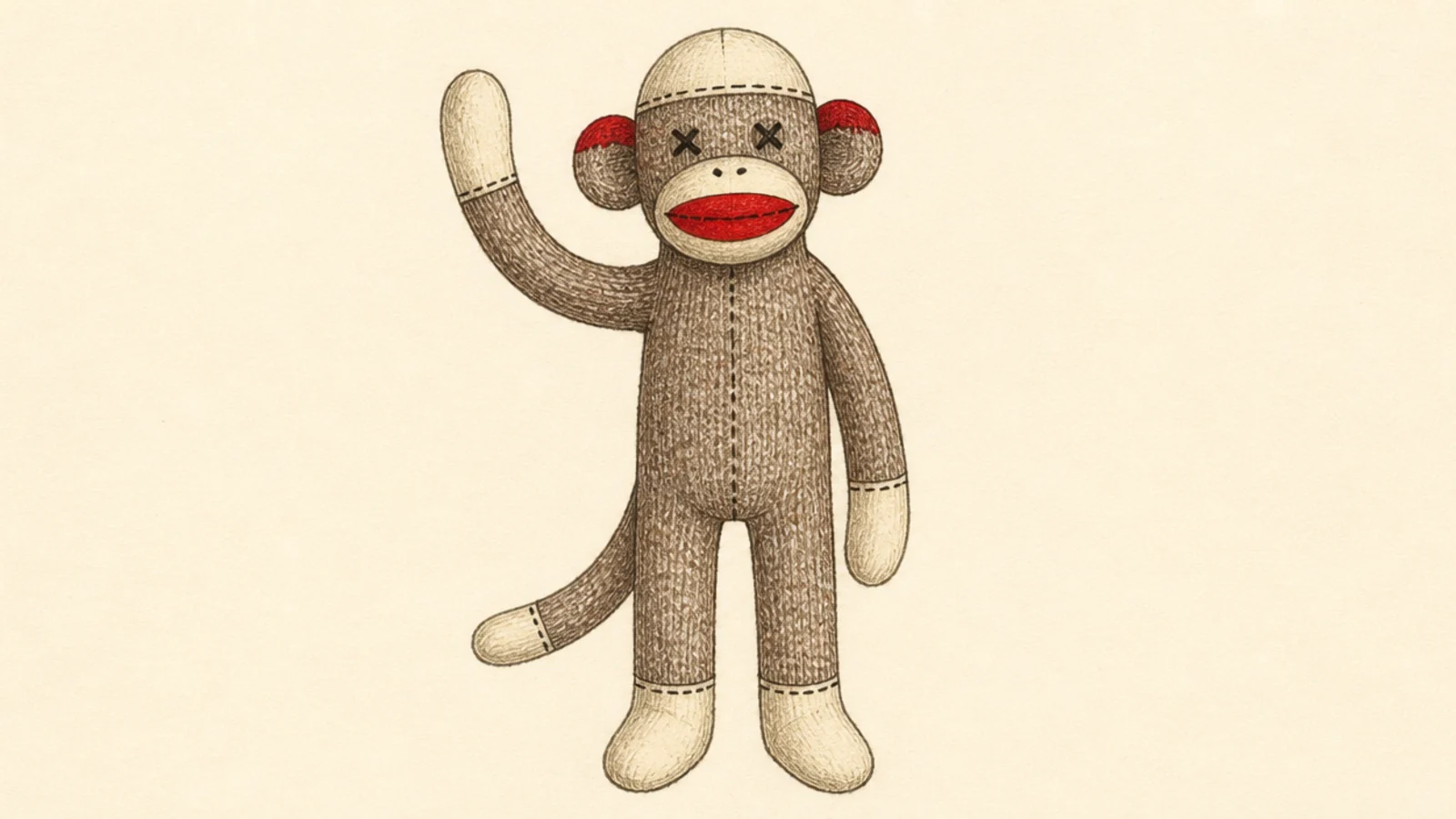 A friendly sock monkey raising one arm in a wave