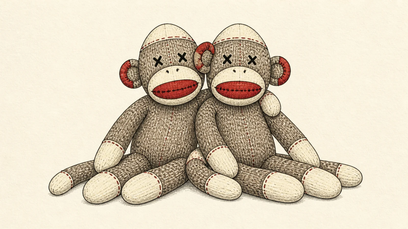 Two sock monkeys sitting side by side as a pair
