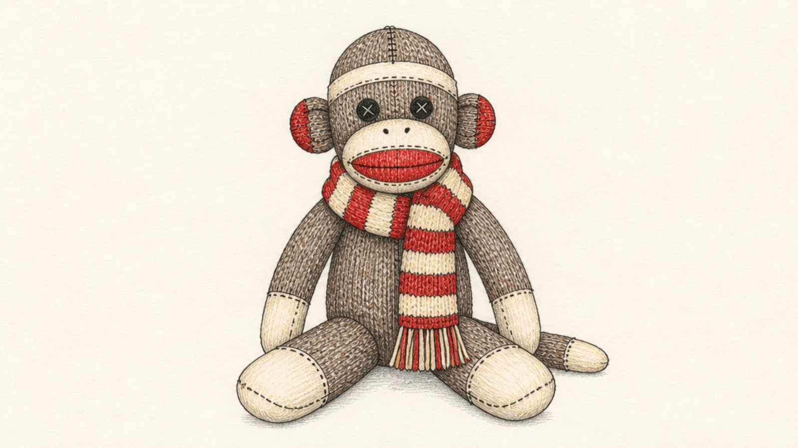 A sock monkey wearing a cozy knit scarf