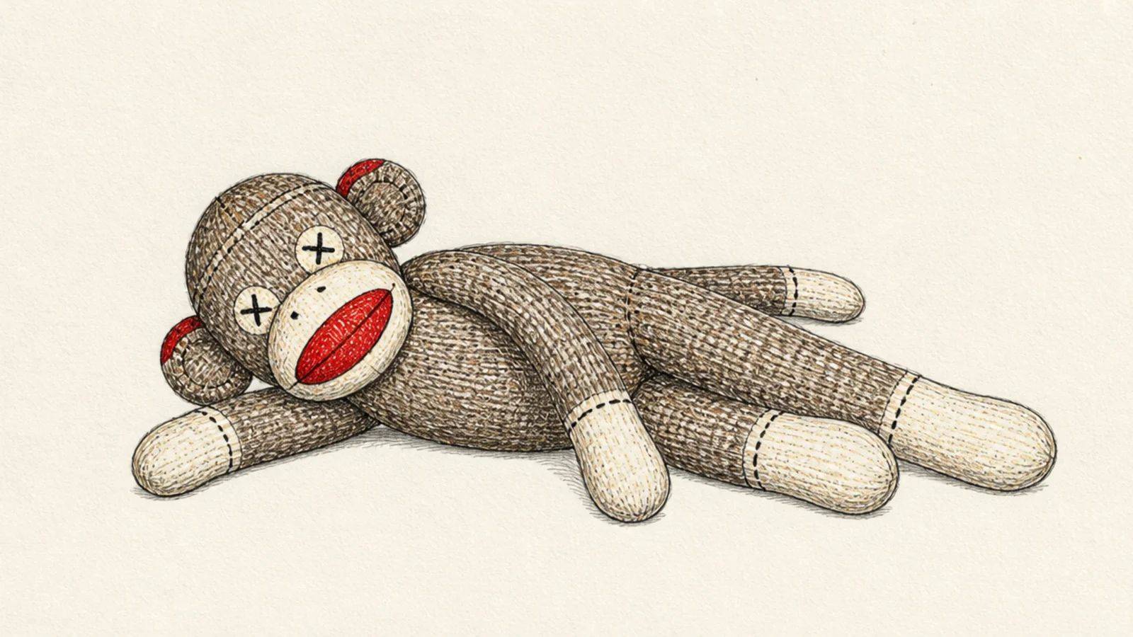 A sock monkey lying on its side resting