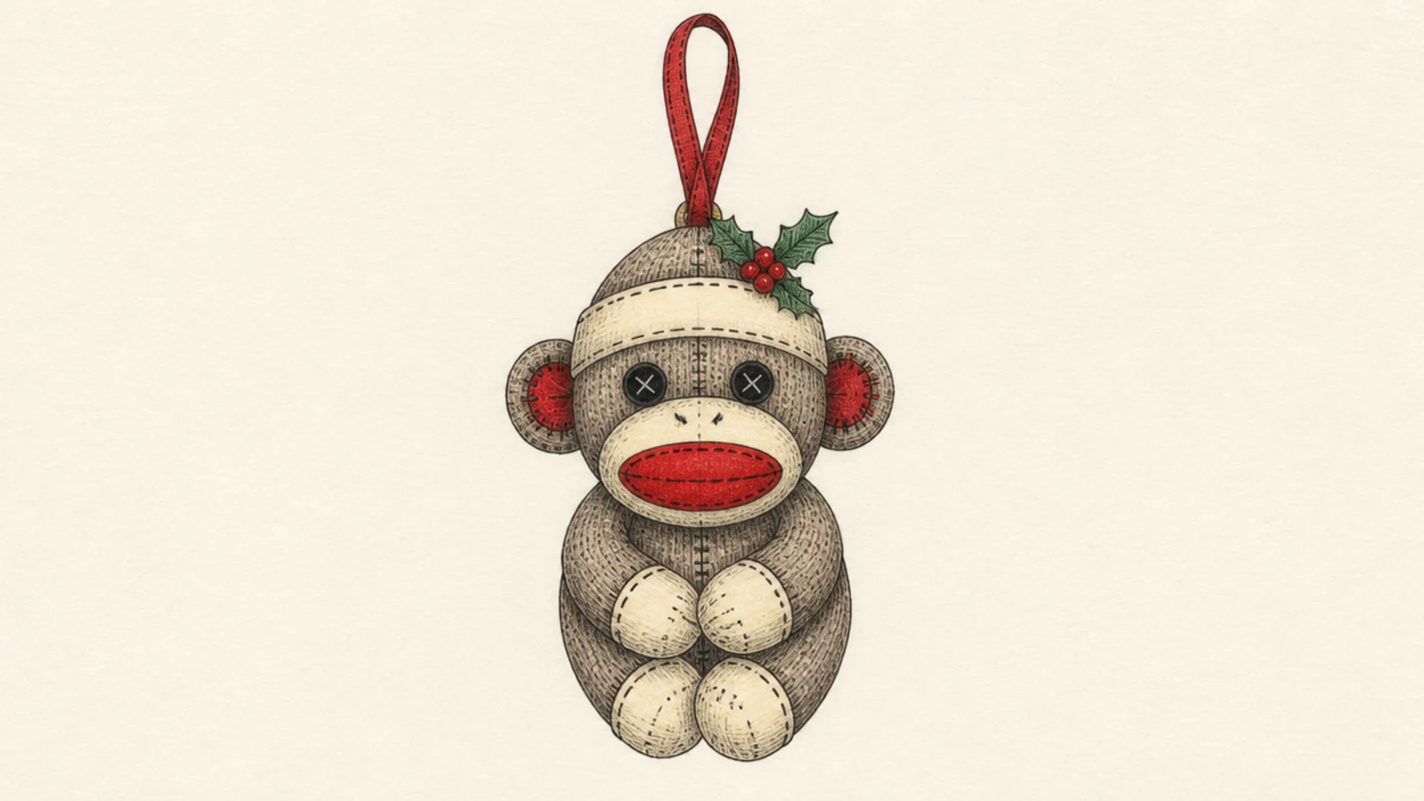 A small sock monkey hanging as a holiday ornament