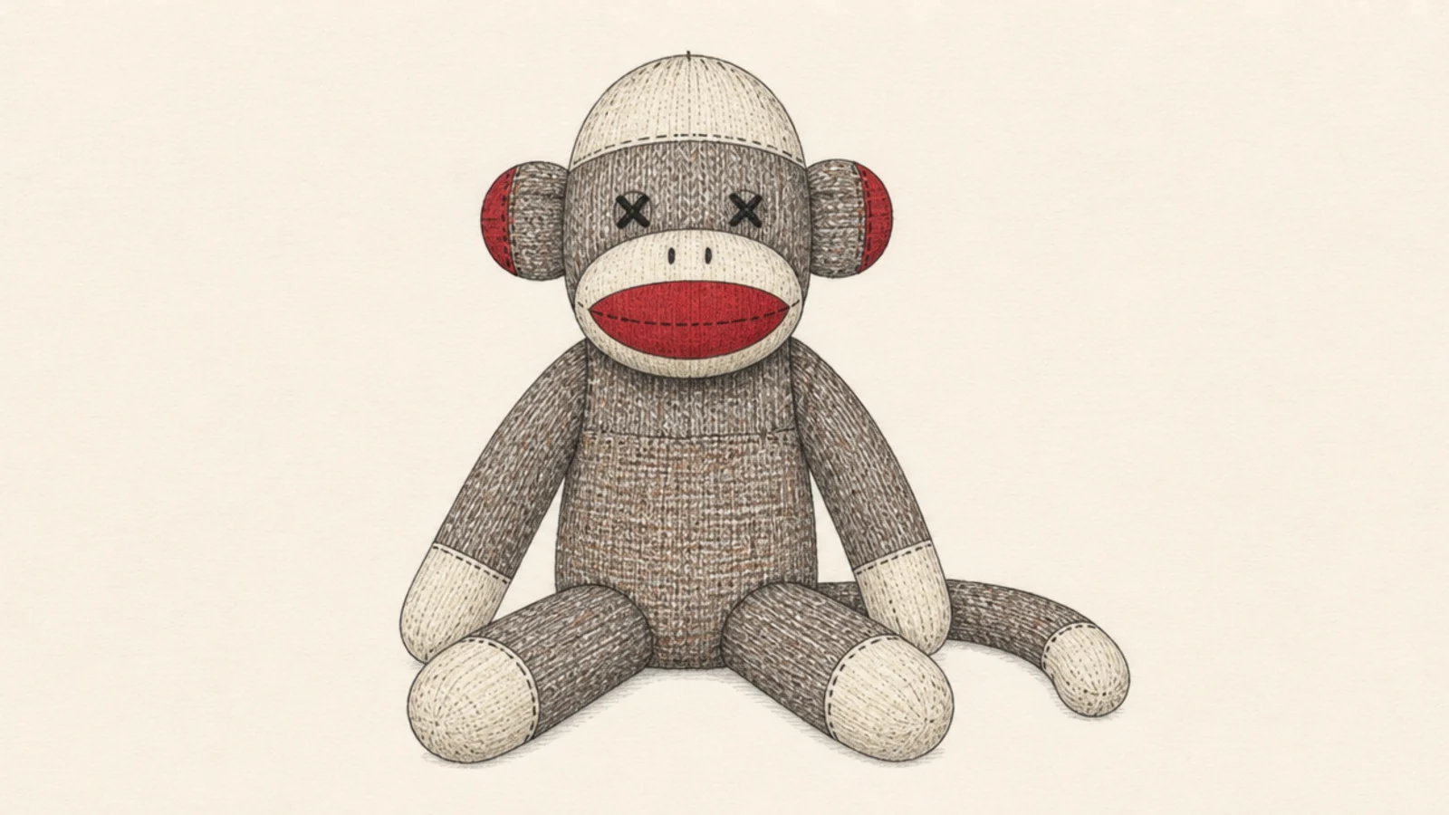 A sock monkey made of patchwork fabric with visible stitching