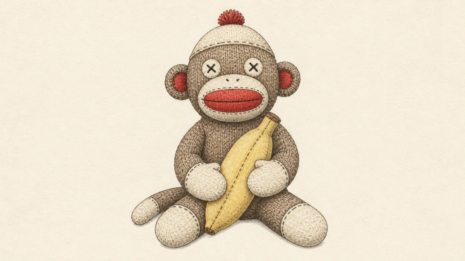 A sock monkey holding a little stuffed banana