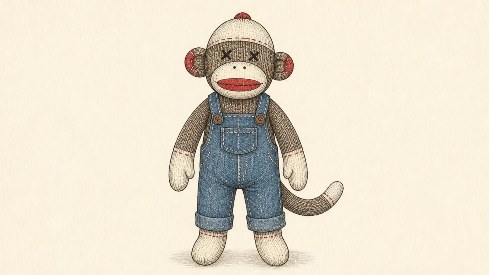 A sock monkey dressed in little denim overalls