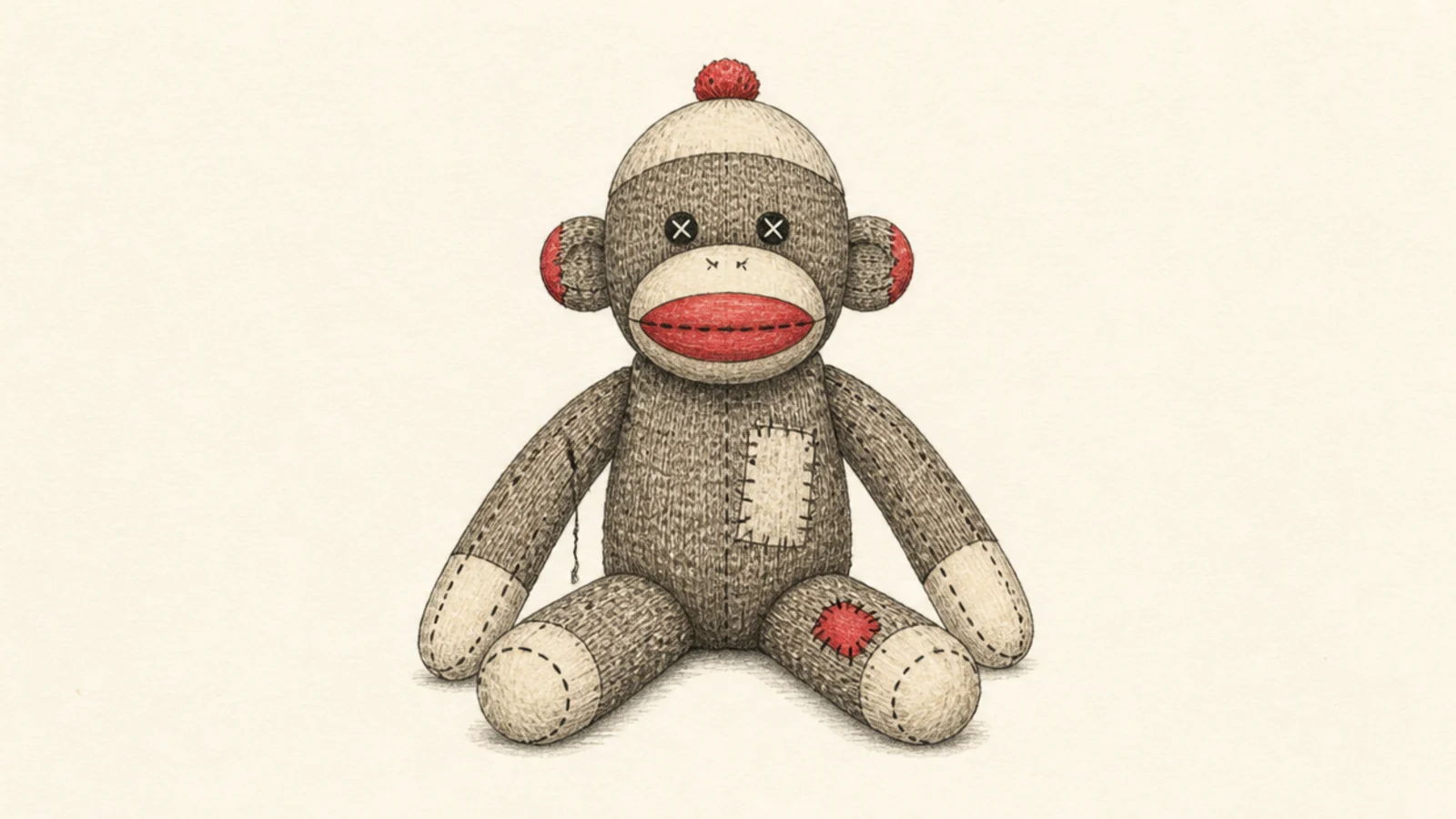 A worn, well-loved vintage sock monkey with mended patches