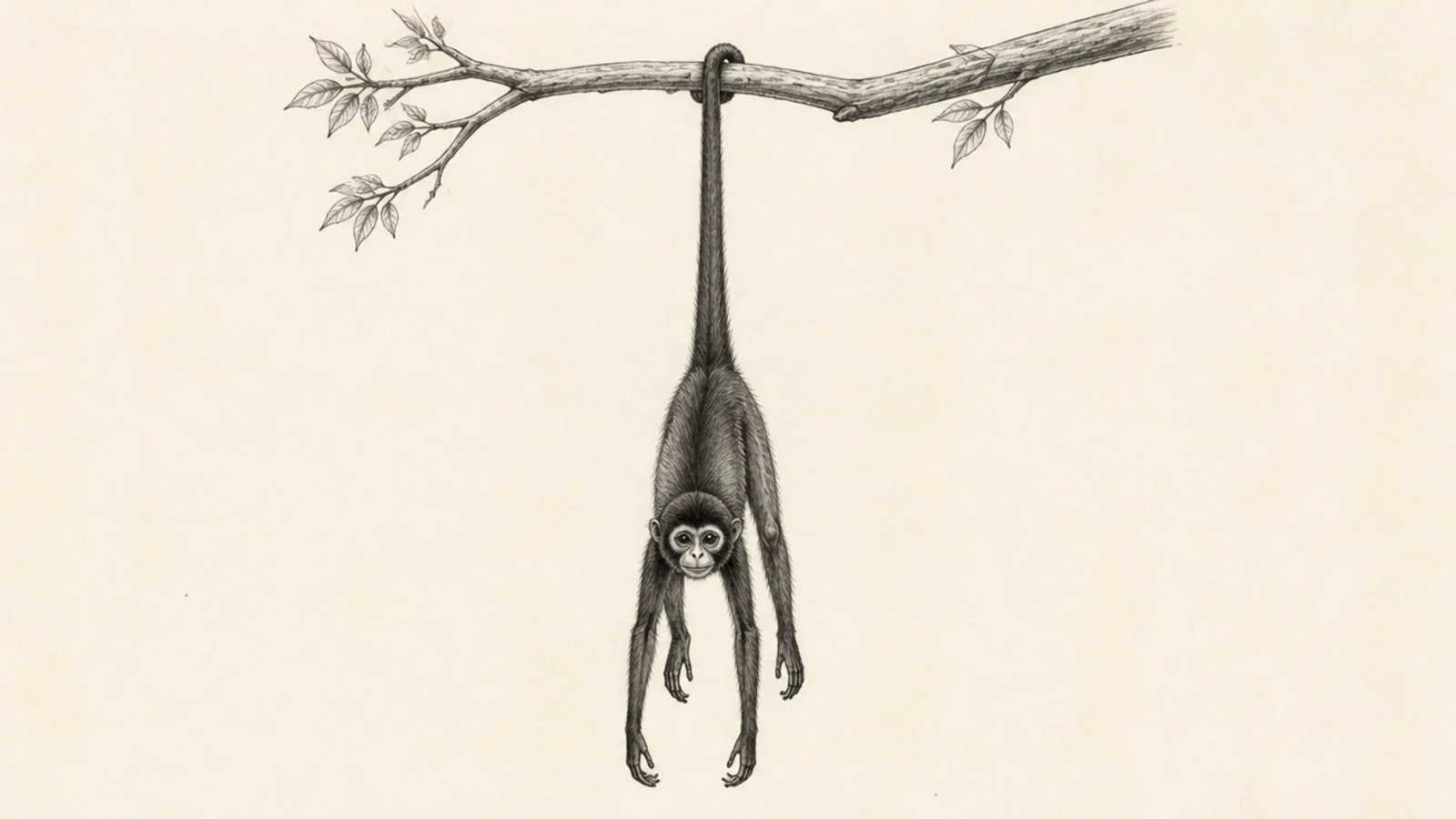 A spider monkey hanging straight down from a branch by its tail