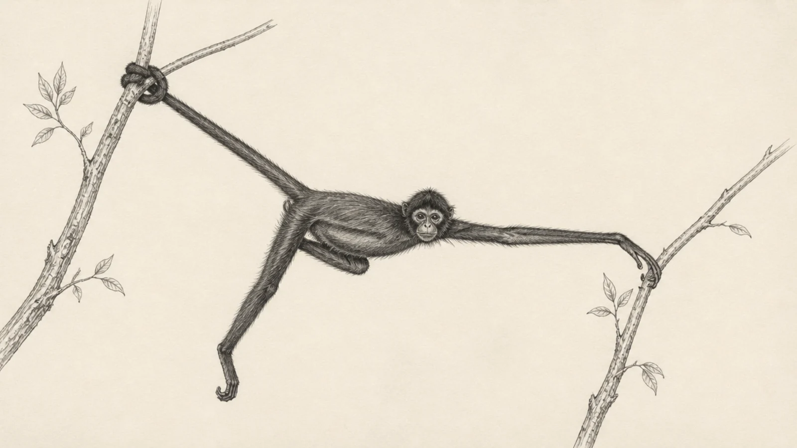 A spider monkey stretching one long arm to a far branch