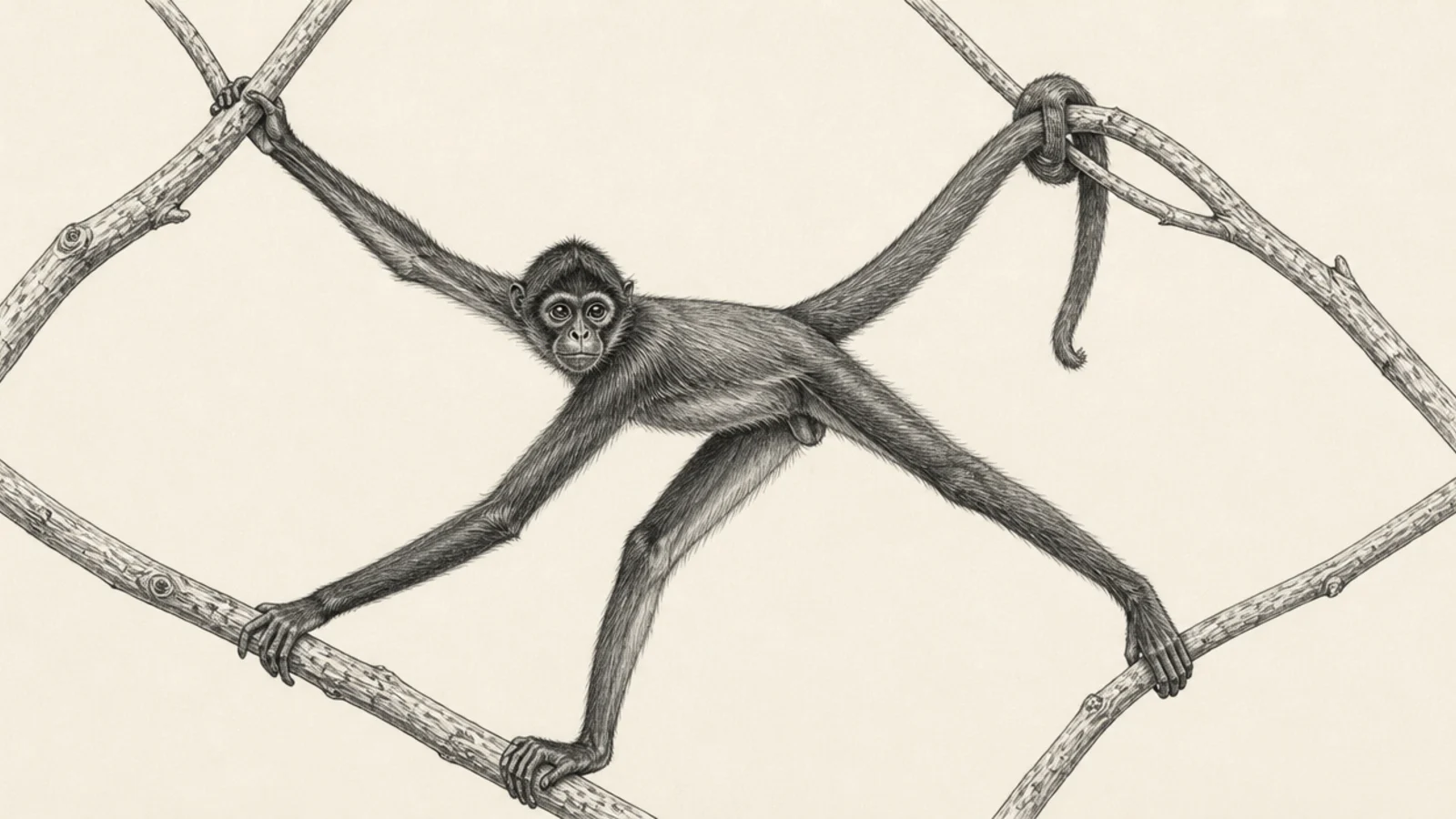 A spider monkey gripping branches with all four limbs and its tail