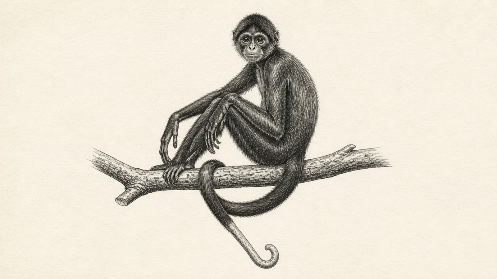 A spider monkey sitting on a branch with its tail wrapped for balance