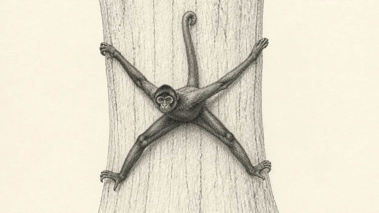 A spider monkey spread wide climbing a broad trunk