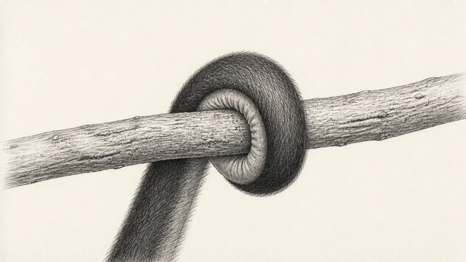 A close study of a spider monkey's tail tip gripping a branch