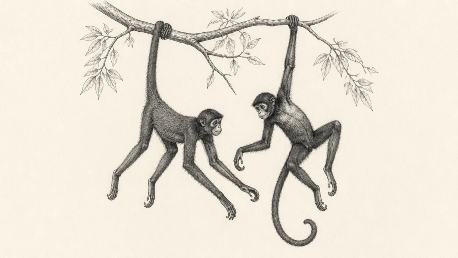 Two spider monkeys hanging near each other from branches