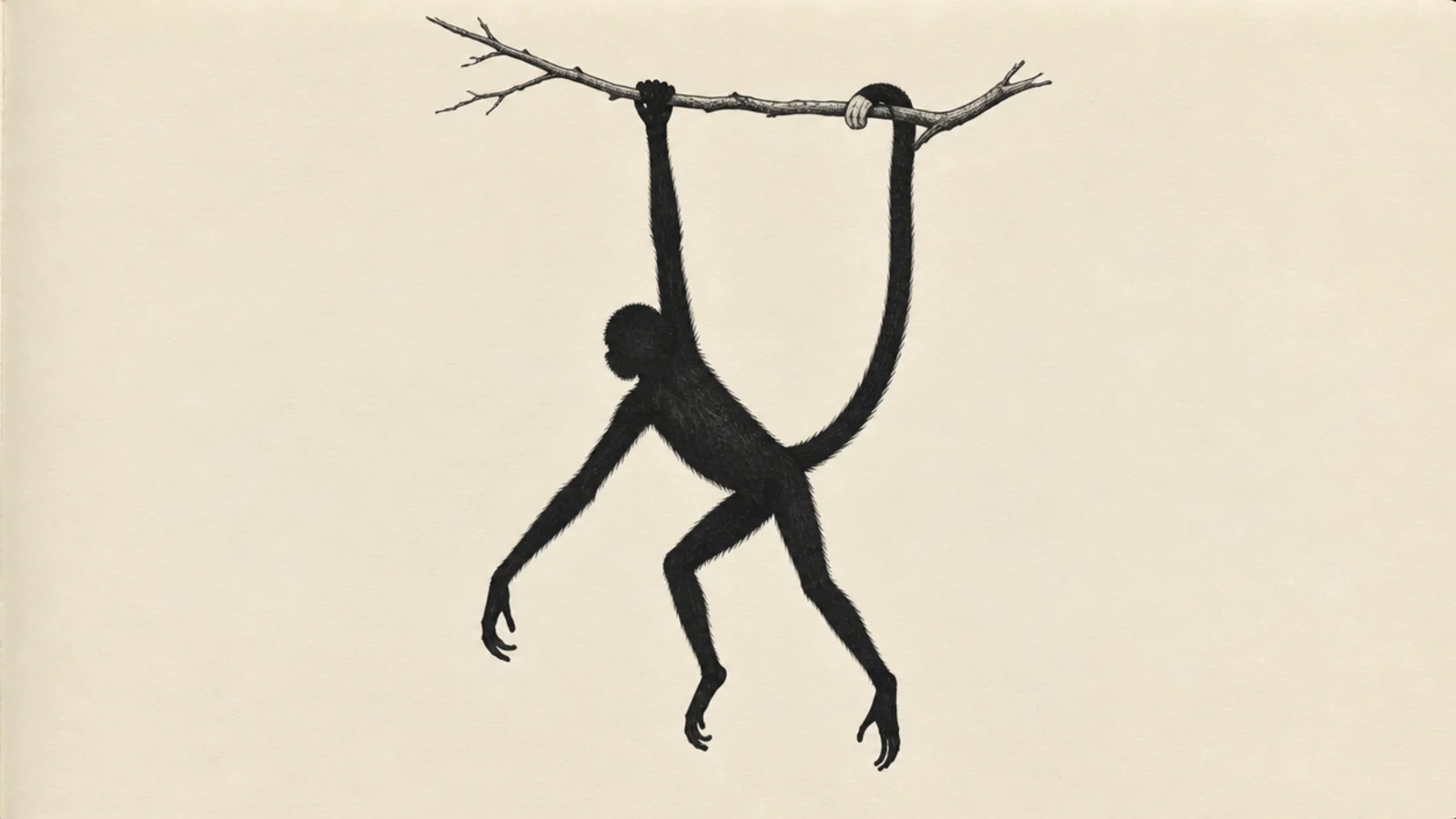 A solid silhouette of a spider monkey hanging with long limbs