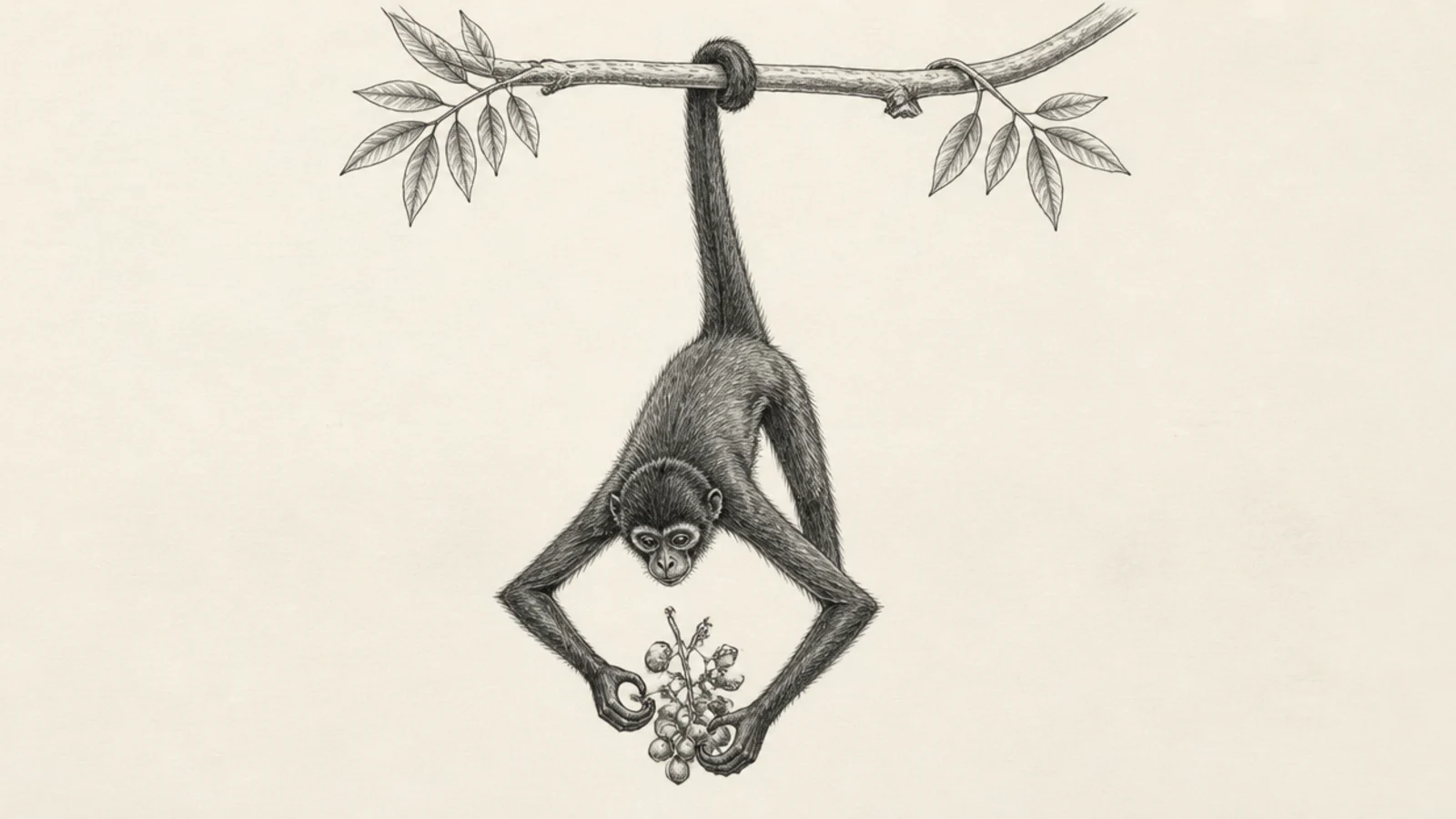 A spider monkey hanging by its tail to reach fruit