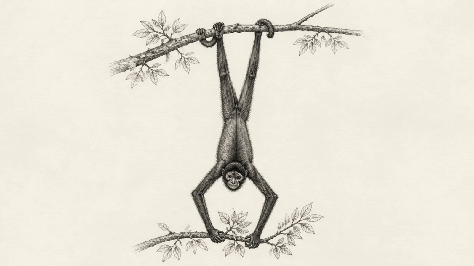 A spider monkey hanging upside down eating from a branch