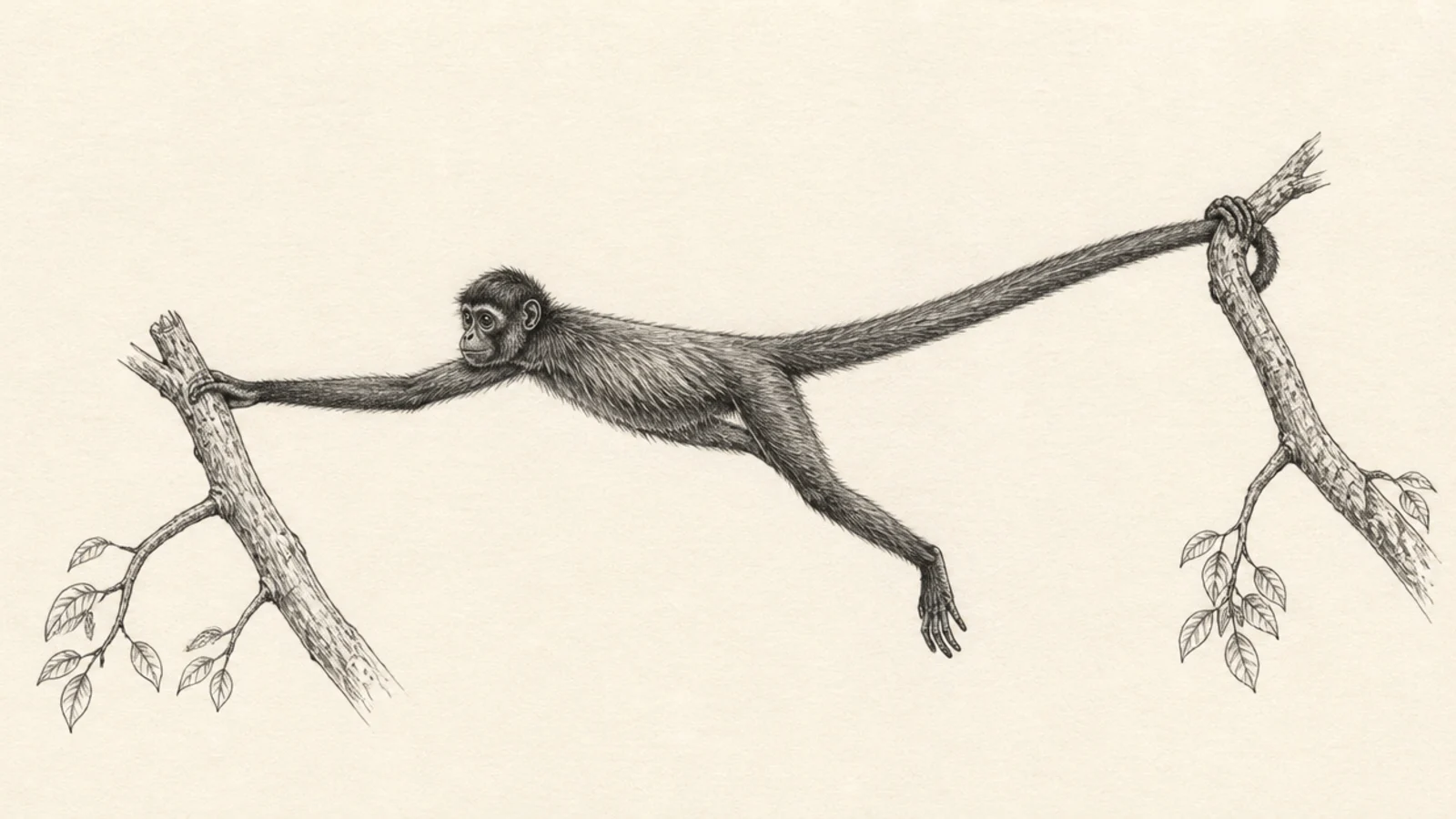 A spider monkey stretched between two branches like a bridge