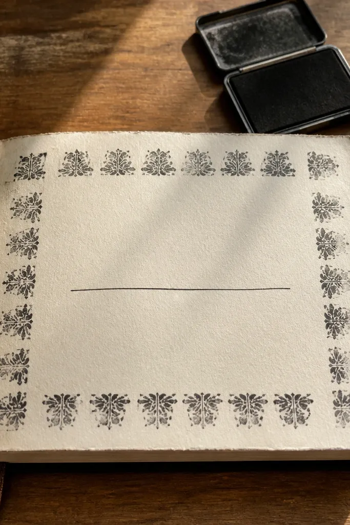 A stamped border around the page with a handwritten monthly focus line in the center.