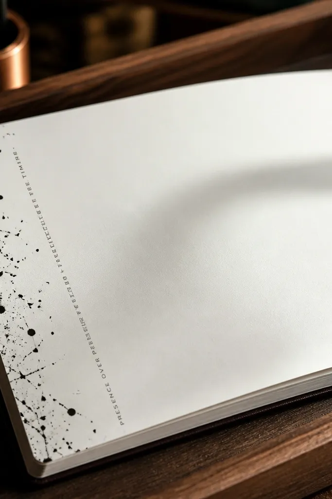 Ink splatter on the left with a vertical quote rail and clean handwritten text.