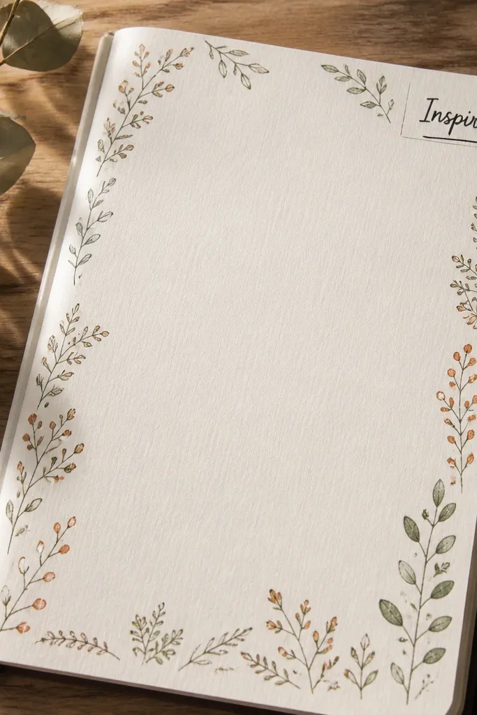 Simple botanical doodles frame the page with one mood word in a corner box.