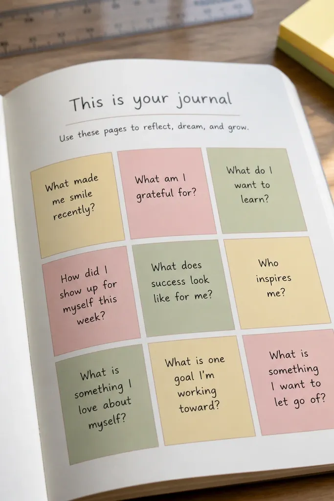 A neat grid with color-blocked squares and labeled writing prompts.