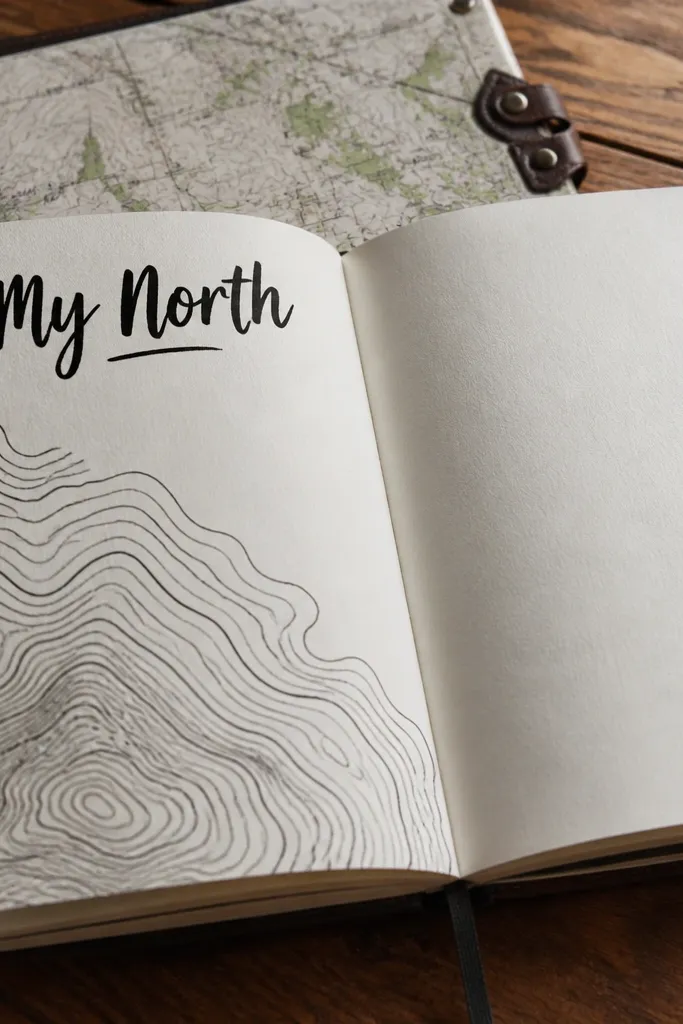 Topographic-like black ink contour lines with a heading reading 'My North' above writing lines.