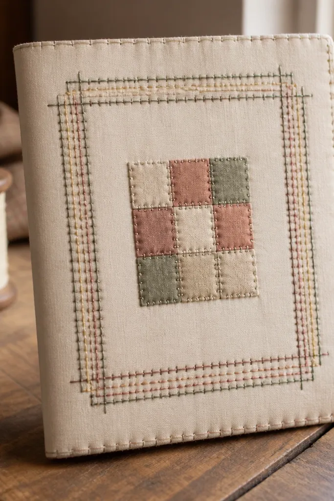 Fabric swatches arranged like patchwork with a thread-like border around the page.