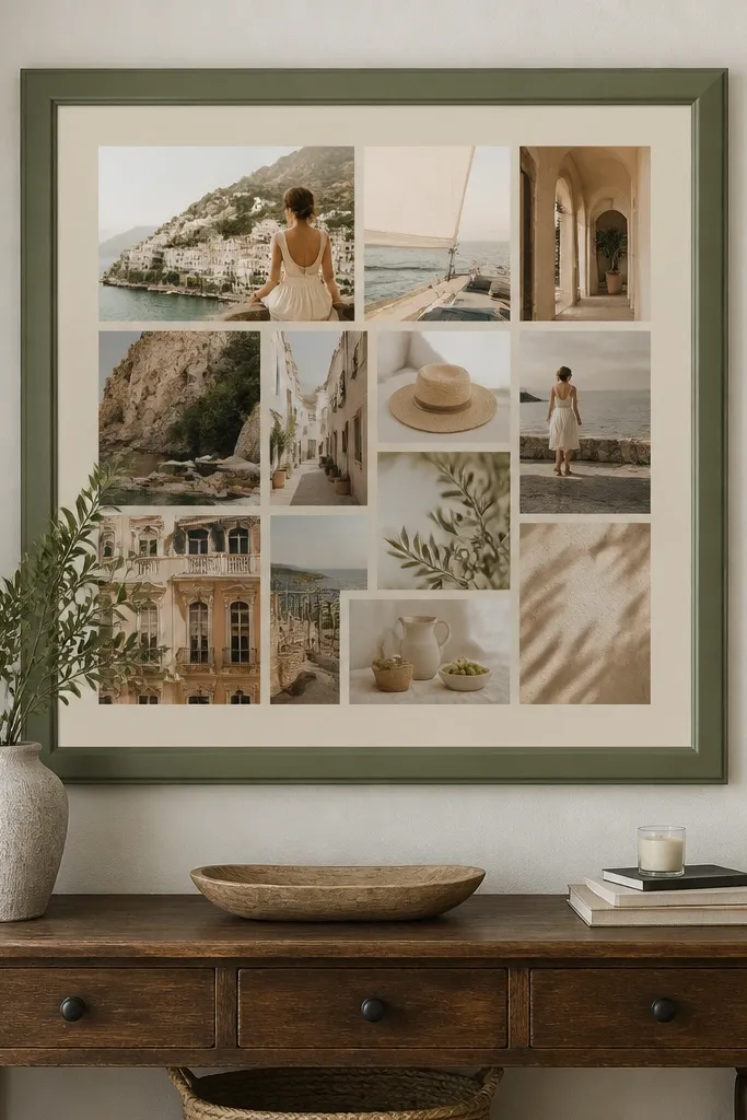 A vision board with a central square window and layered paper mat border