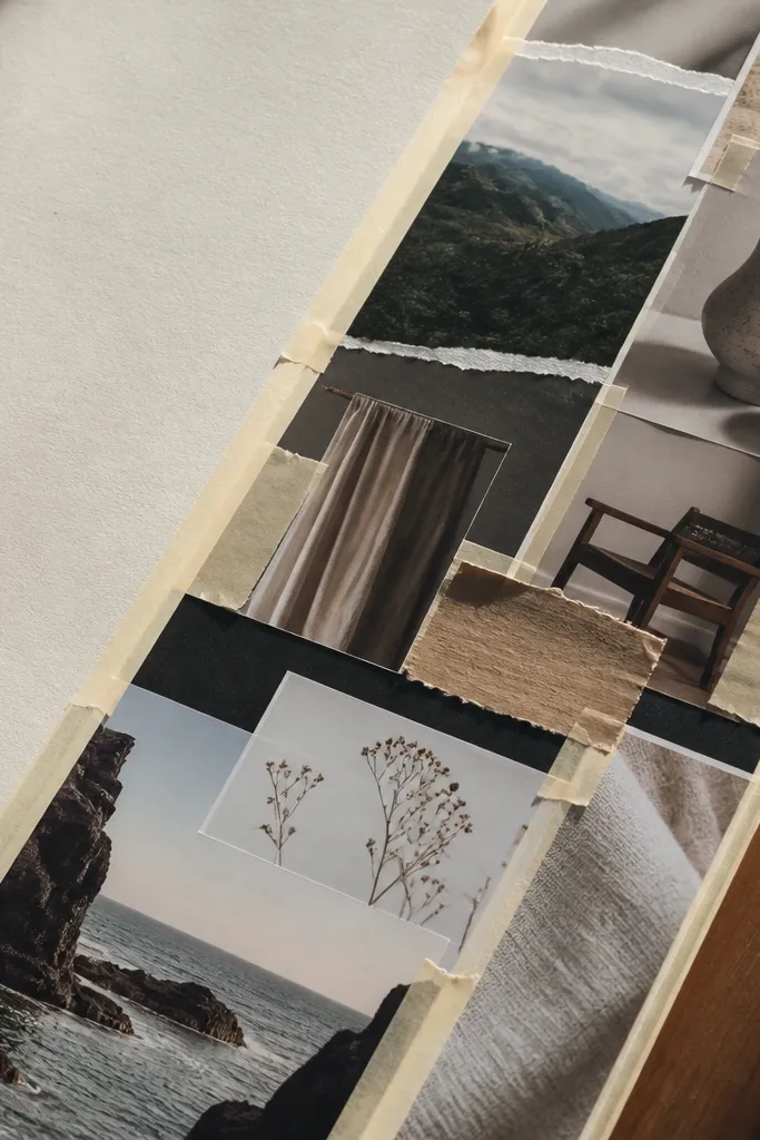 A diagonal vision collage with crisp tape borders and paper scraps aligned