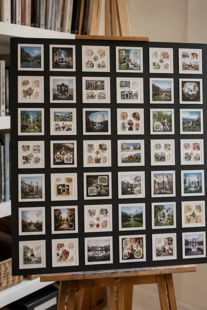 A vision board grid with repeated one-inch frames and consistent spacing