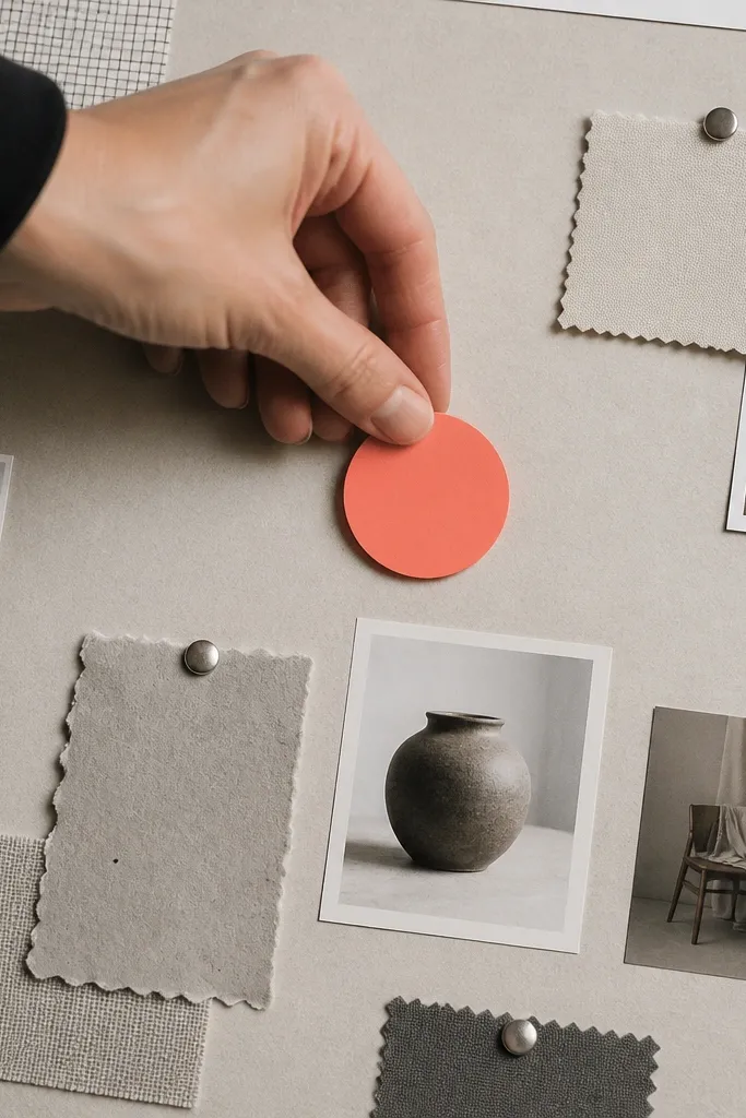 A mostly monochrome vision board with one bright accent color in key places