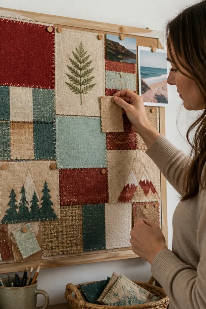 Fabric patch blocks arranged like seams on a vision board