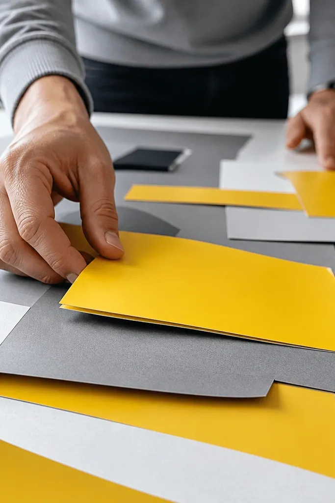 Upcycled packaging labels cut into typography shapes on a neat background
