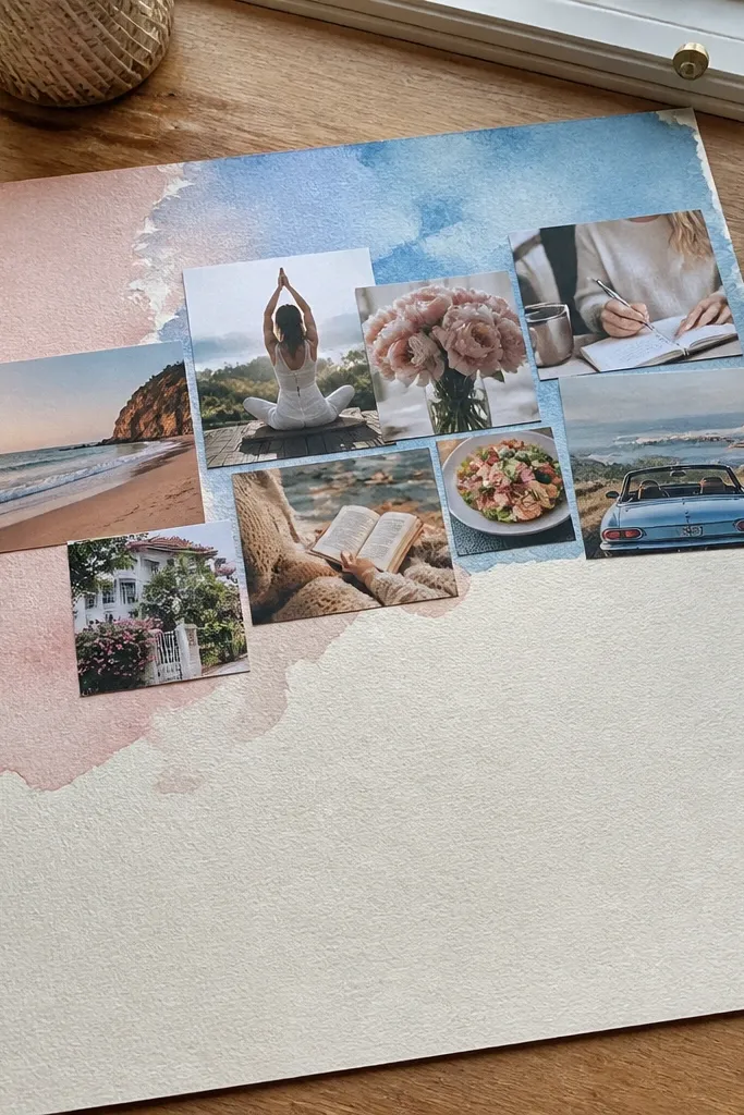 A watercolor-wash background with sharp-edged photos layered on top
