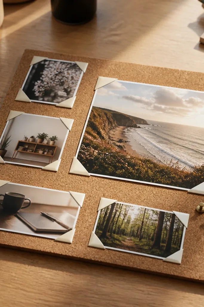 A corkboard-style vision collage with pinned corner looks and layered cards