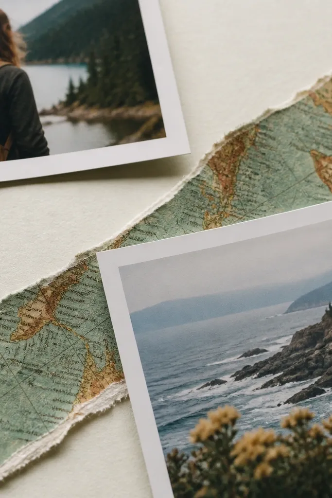 Vision board using map paper strips with styled frayed edges