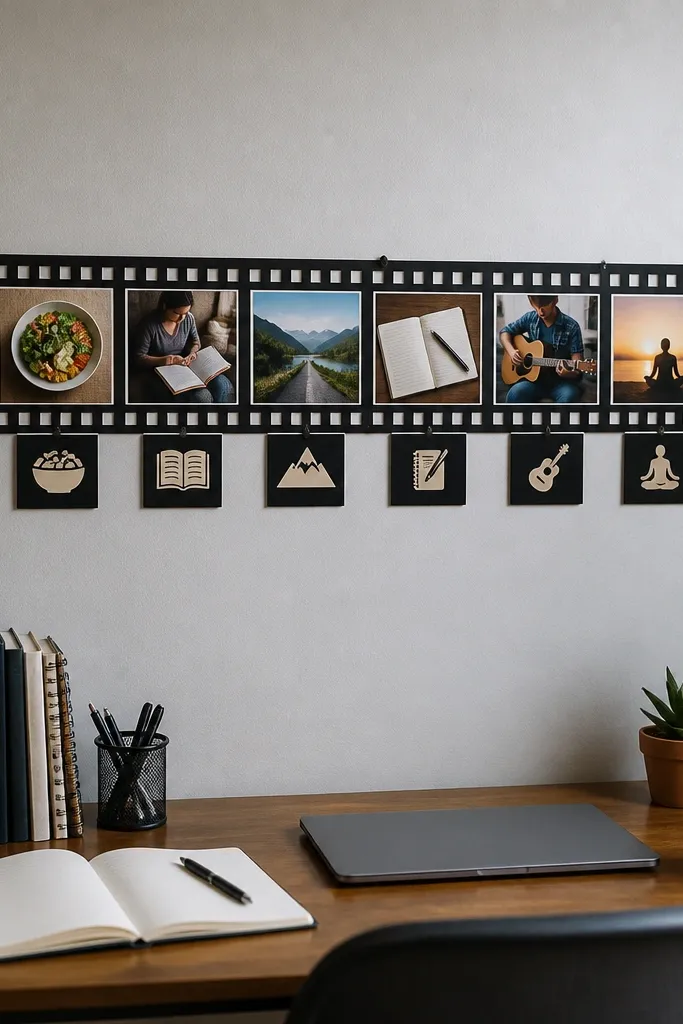 A film strip timeline on a board with small images and date-like blocks